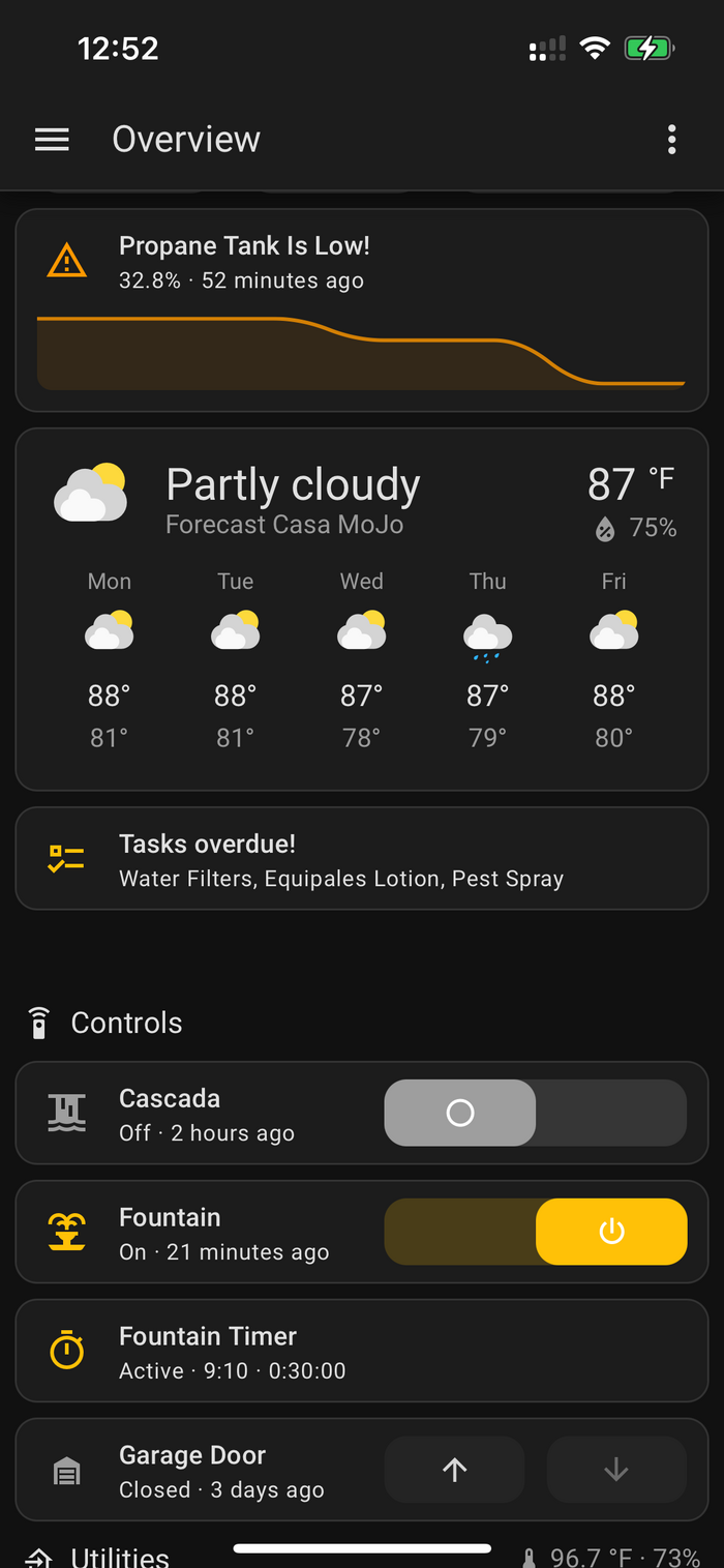 Pensared app overview screen showing propane tank level, weather, overdue tasks, and device controls